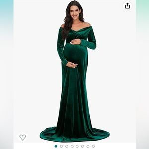 Velvet Maternity Off Shoulder Fitted Photography Gown Long Sleeve Maxi dress